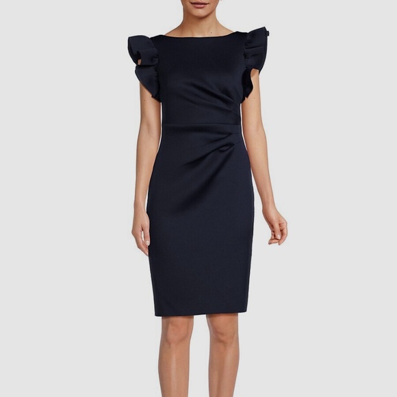 ELIZA J Navy Ruffle Sleeve Knee Pencil Dress 6 NWOT $188 - Picture 1 of 9
